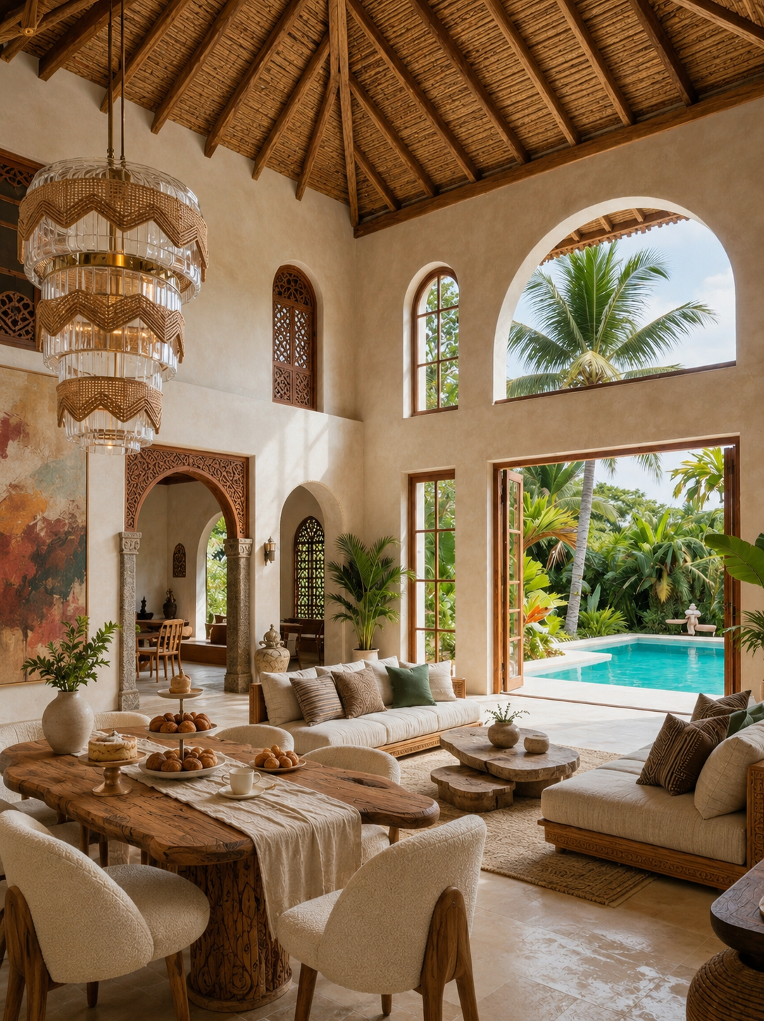 Editorial interior with sculptural furniture and warm plaster walls